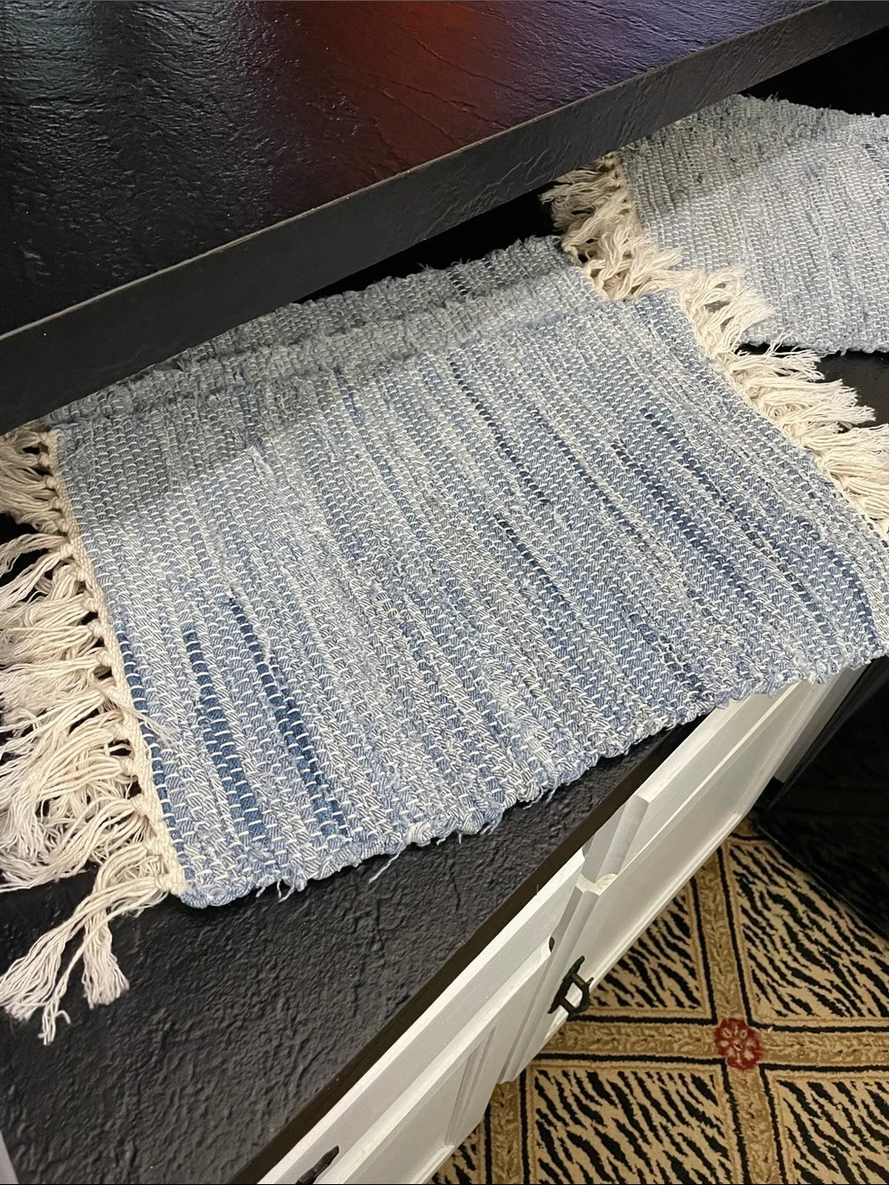Handwoven Blue & Cream Fringed Place Mats-Set of 6